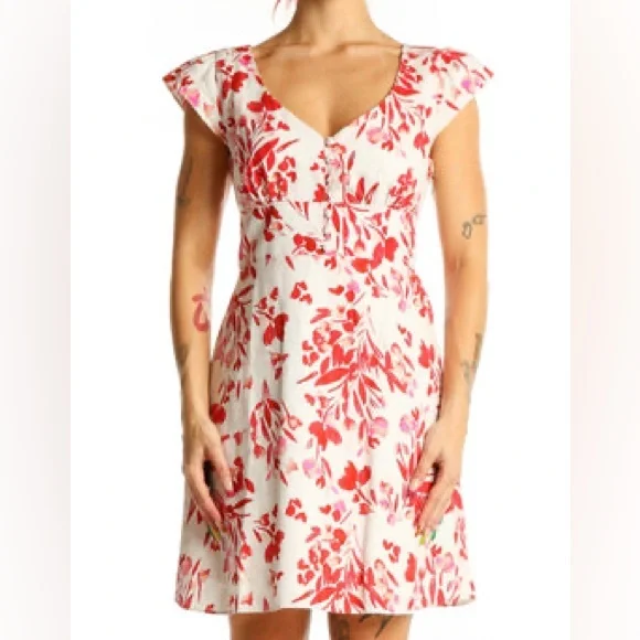 Banana Republic Linen-Cotton Red/Pink/White Floral Mini Dress V-Neck - Size 2 - Picture 11 of 11